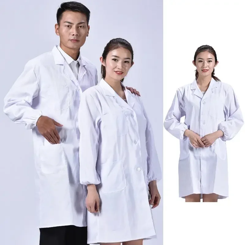 Women Men Unisex Long Sleeve White Lab Coat Notched Lapel Collar Button Down Medical Nurse Doctor Uniform Tunic Blouse w/ Pocket