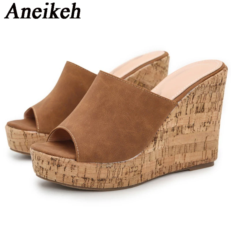 Aneikeh Fashion Sexy Sandały na Koturnie z Okrągłym Noskiem z Floku 2026 Damskie Letnie Antypoślizgowe Buty na Plażę Casual Zapatos Mules 36-43