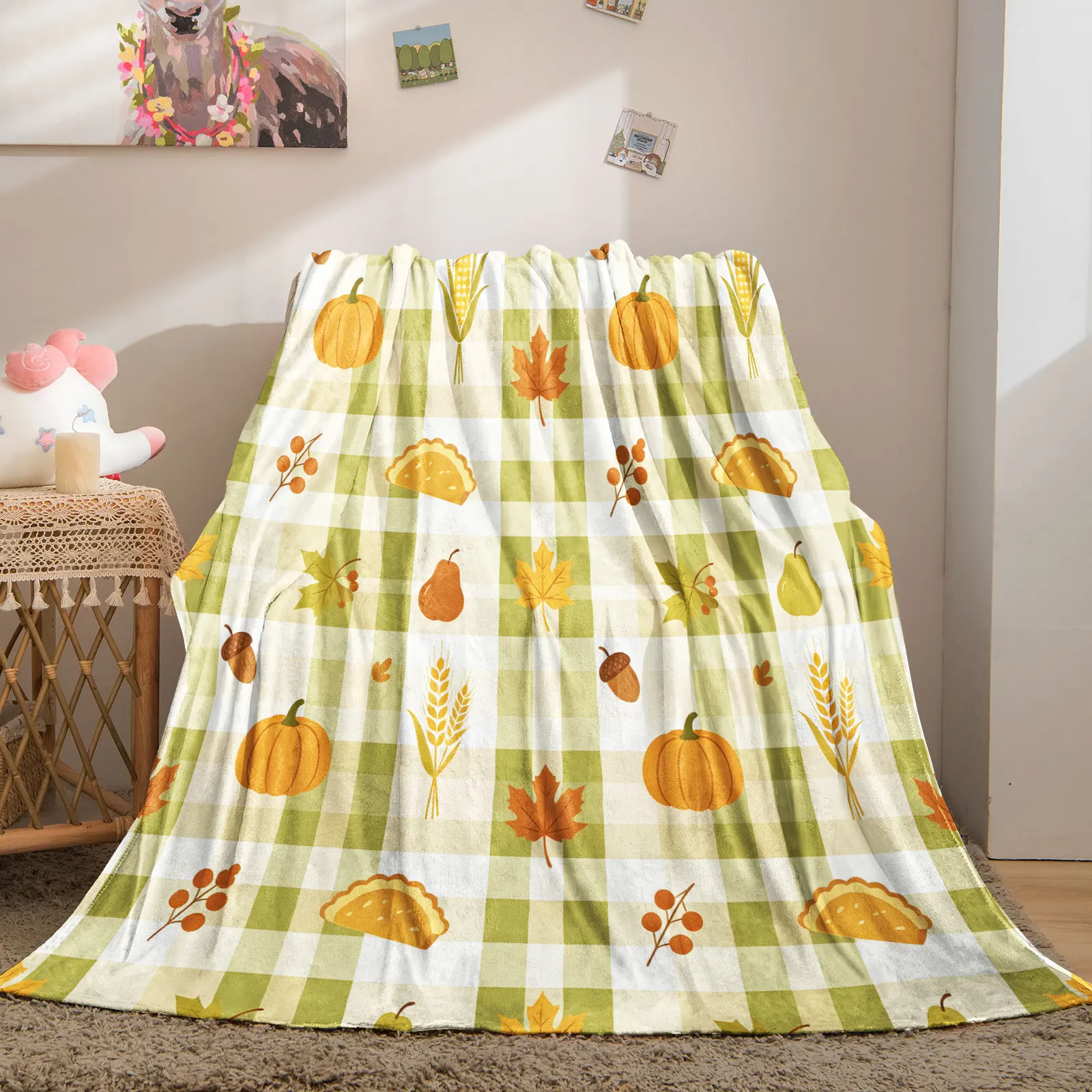 Autumn Harvest Flannel Throw Blanket Green Gingham Plaid Pumpkin Soft Microfiber Blanket Thanksgiving Home Decor for Couch Sofa