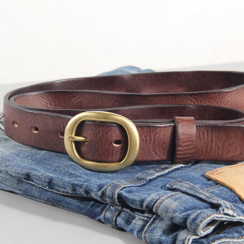 Handmade Luxury Vintage Casual Pure Copper Pin Buckle Women's Belt 100% Genuine Leather Jeans Soft Belt Designer Belt