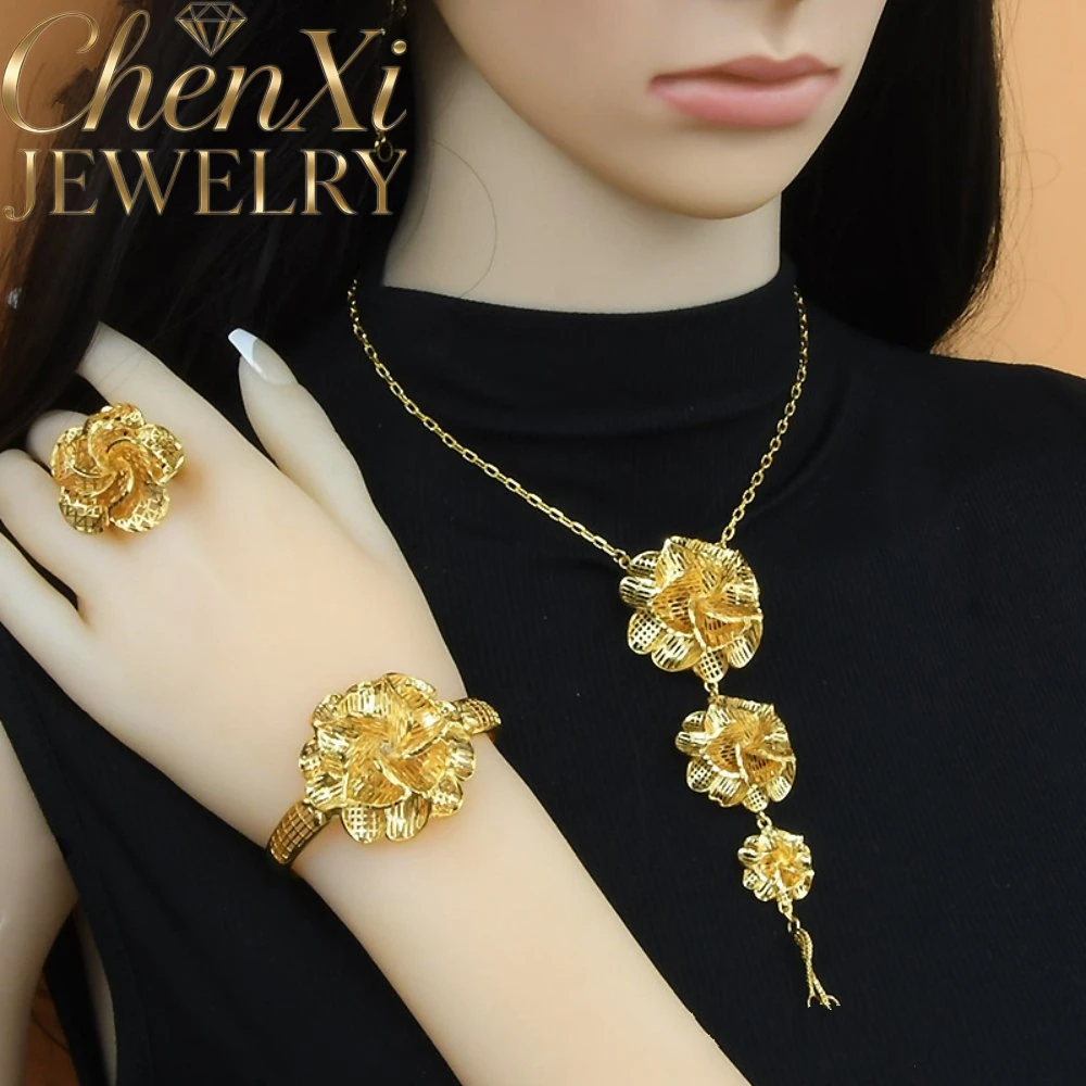 High-End Luxury Elegant Alluvial Gold Fashion Popular Jewelry Set Women Wedding Party Banquet Necklace Earrings Ring 4pcs Gift