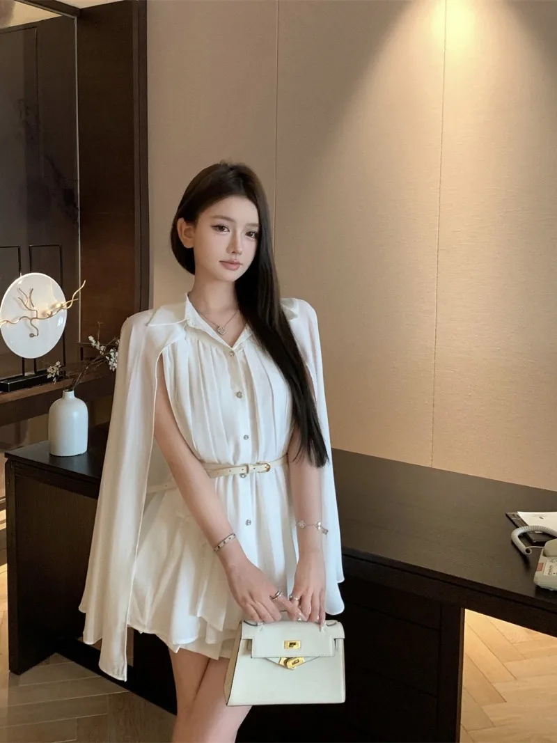 

Elegant Suit Women's Summer White Cape Chiffon Shirt High-waisted Mini Skirt Two-piece Set Fashion Female Clothes