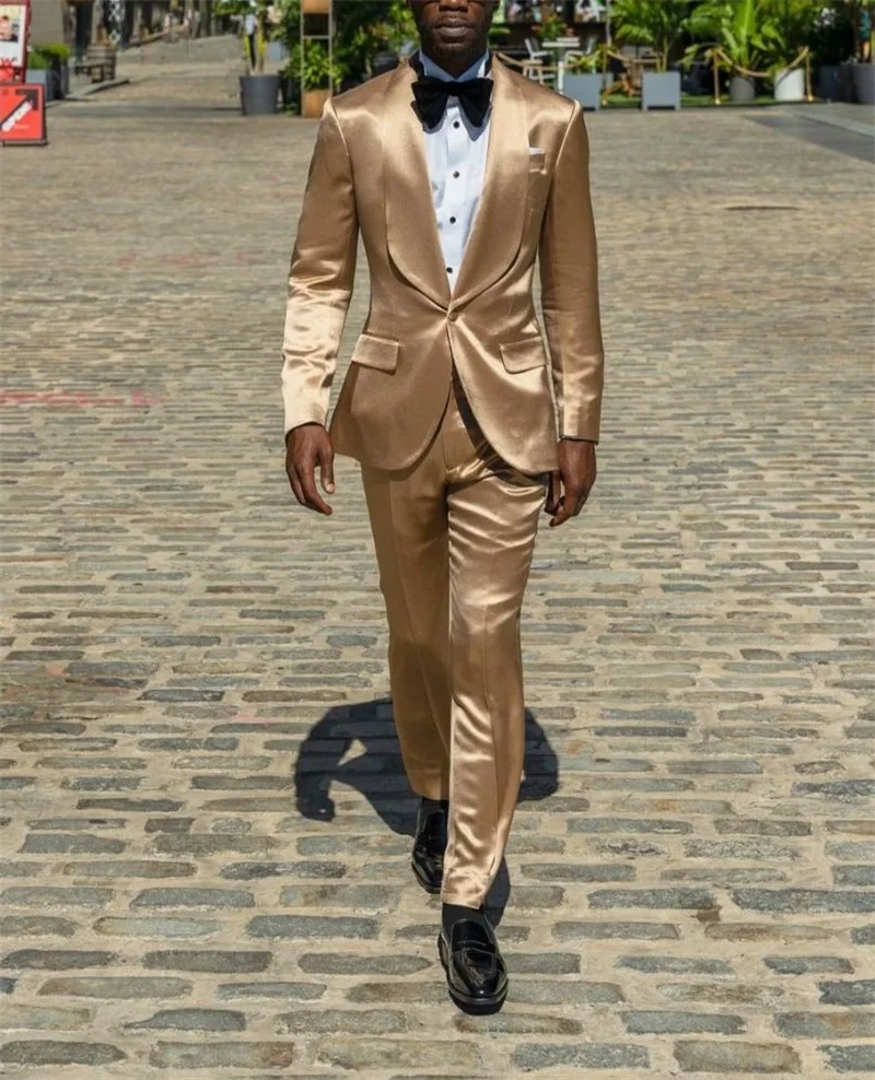 Traje de novio de satén dorado para hombre, traje de 2 piezas para boda, fiesta de graduación Formal de esmoquin, Blazer de un botón, traje de pantalón hecho a medida