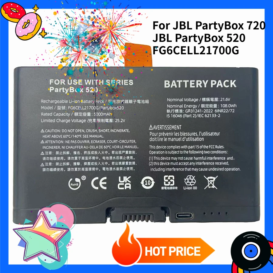 For JBL PartyBox 720 Compatible with JBL PartyBox 520 Bluetooth Speaker Battery FG6CELL21700G