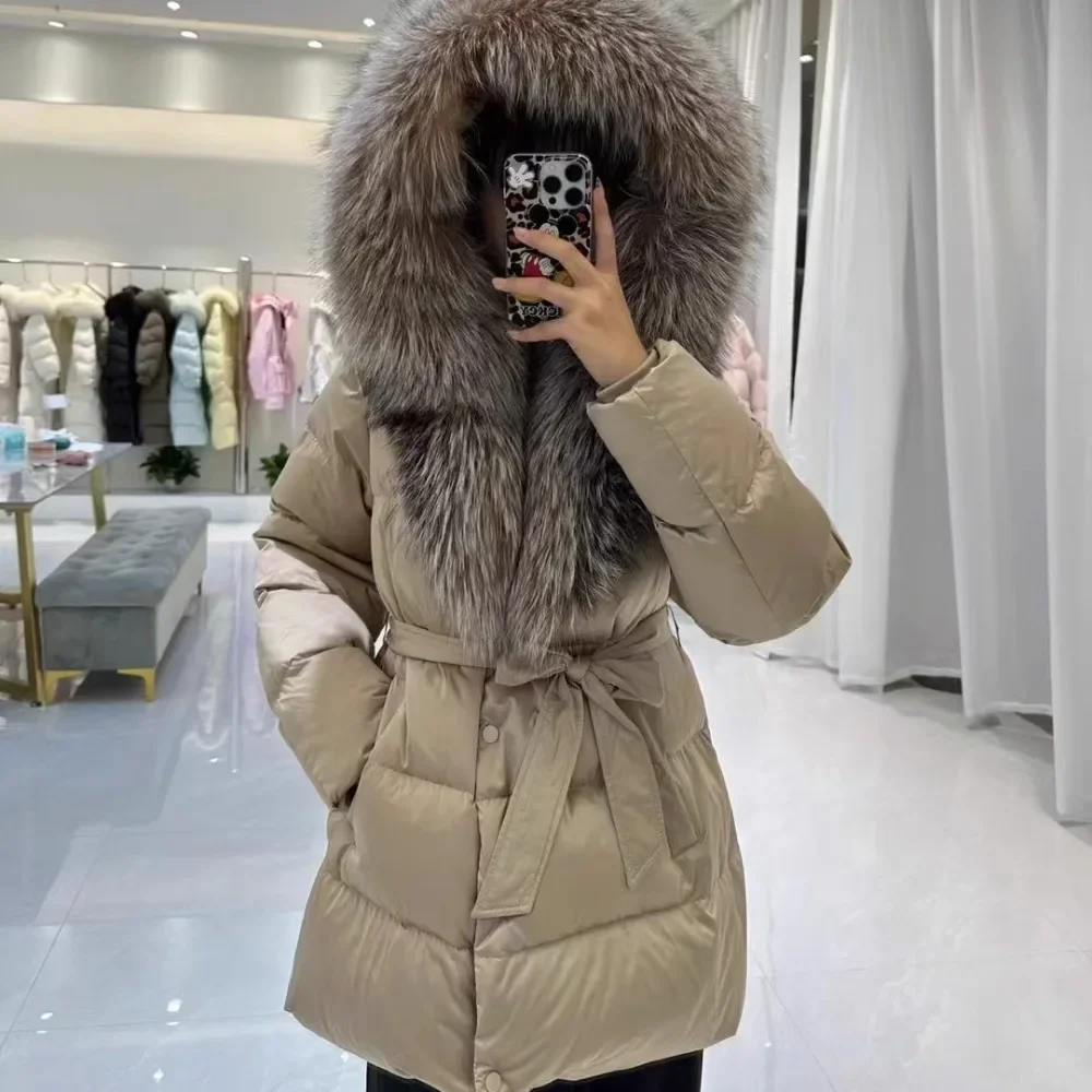 Oftbuy novo inverno real jaqueta de pele de raposa feminina grande gola de pele de raposa real outono natural grosso quente pato para baixo casaco curto outerwear