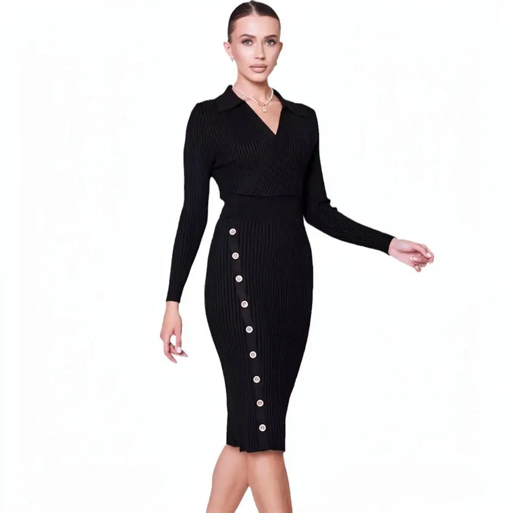 Autumn Winter Womens Knitted Bodycon Dress Polo Neck Long Sleeve Slim Sweater Dresses Fashion Elegant Commuter Knitwear