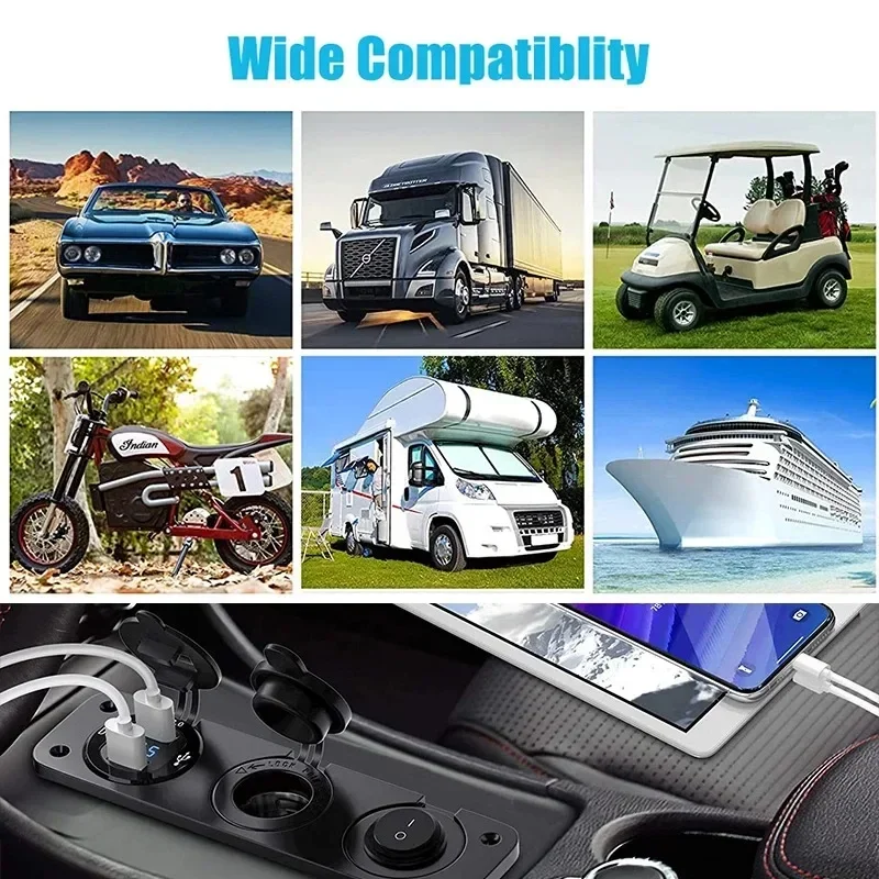 12V Socket Cig-are-tte Lighter Socket 3 in 1 Waterproof Car Dual QC3.0 USB Outlet Panel for RV Marine Boat Power Socket