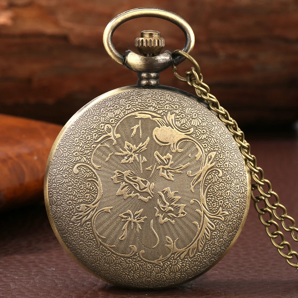 Bronze Hollow Out Half Hunter Watch Case Quartz Pocket Watch with Watch Box Retro Gift for Men Women Necklace Pocket Timepiece