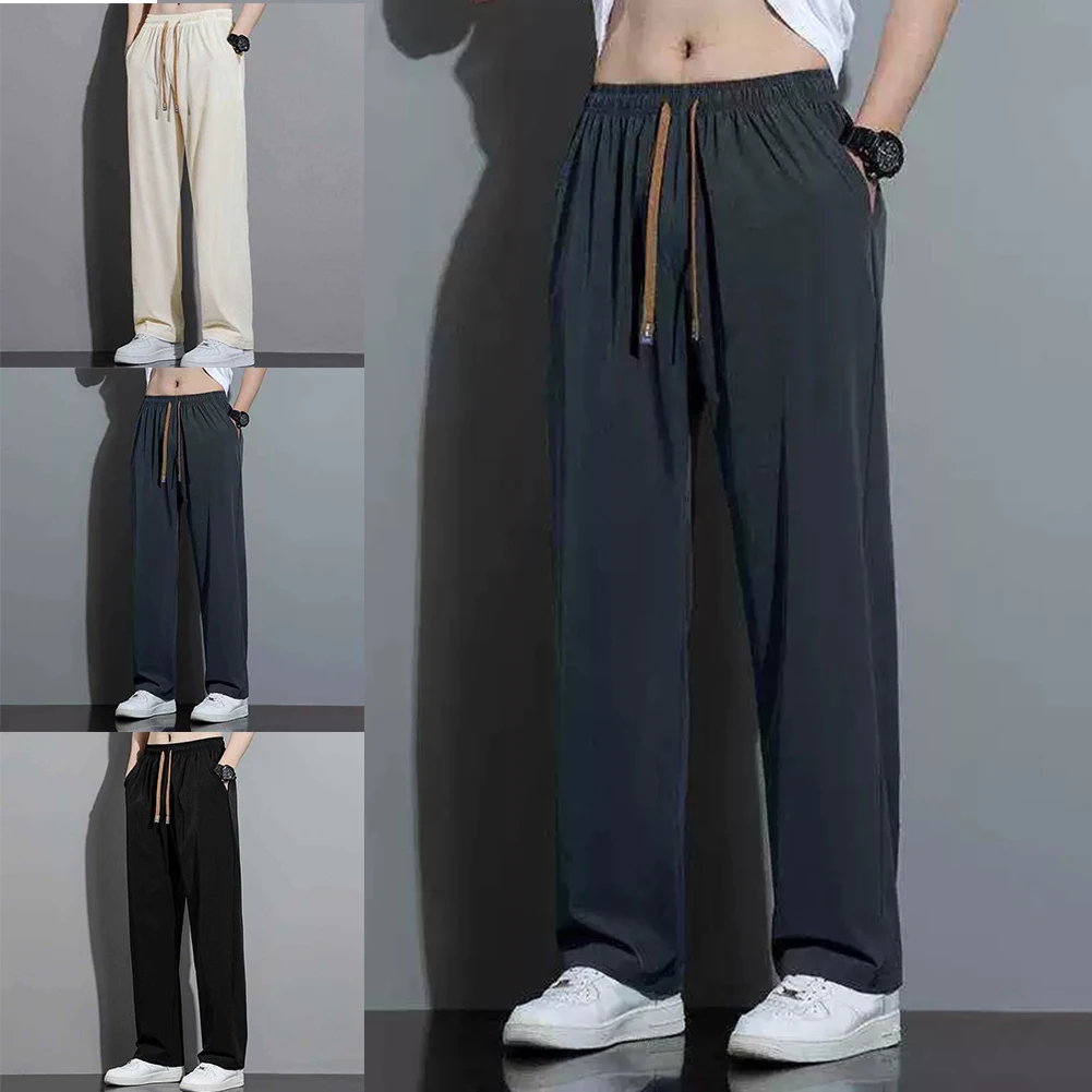 

Men Summer Solid Draped Ice Silk Loose Straight Pants Fashion Casual Sports Trousers Plus Size Breathable