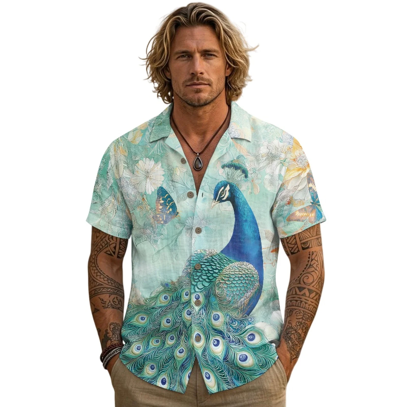 PENSTROLL Peacock Linen Style Short Sleeve Shirt for Men Mens Short Sleeve T-shirt for Male Solid Color Men's Shirt