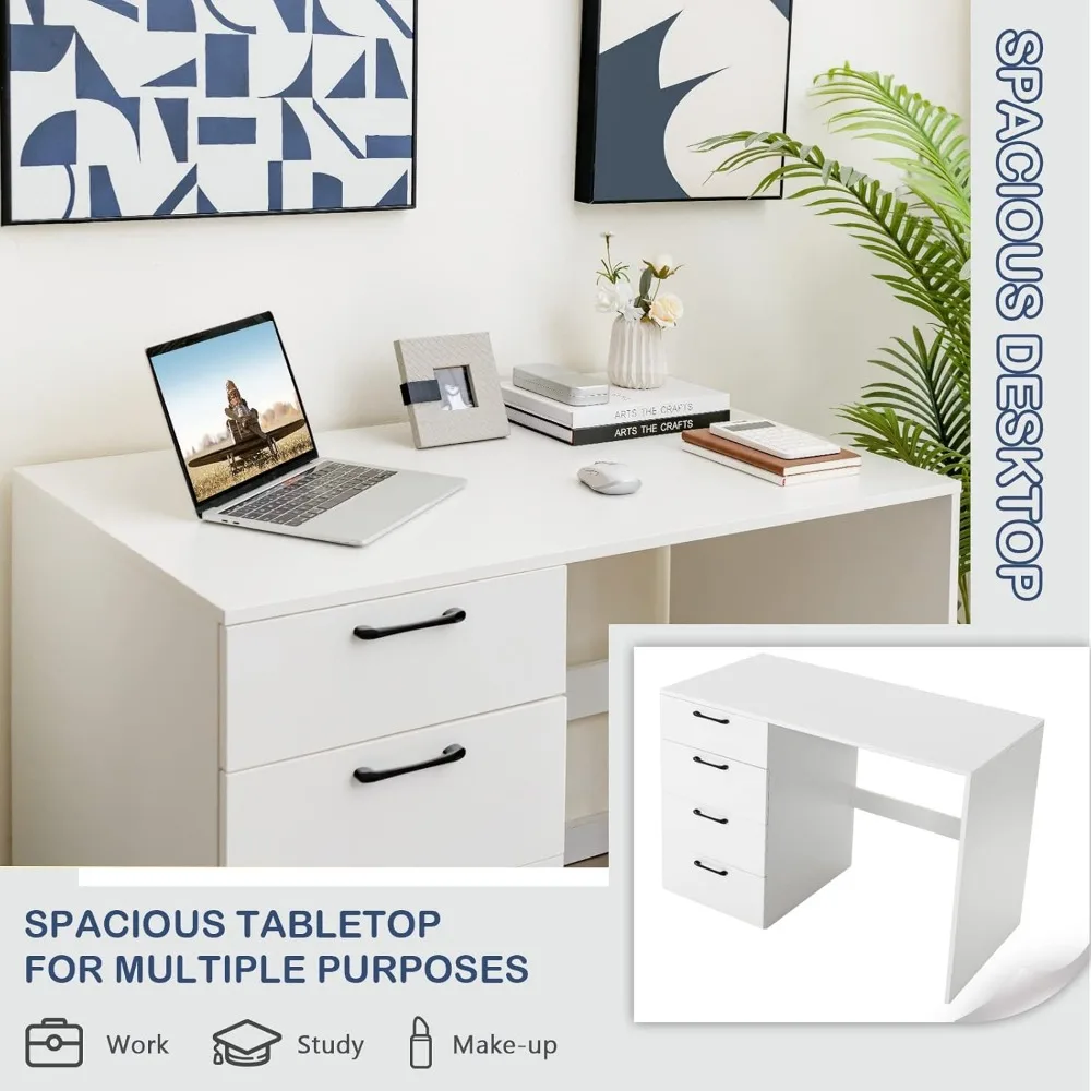White Desk with 4 Storage Drawers, Home Office Writing Desk, Modern Executive Desk, Laptop PC Desk, Vanity Makeup Table, Comput