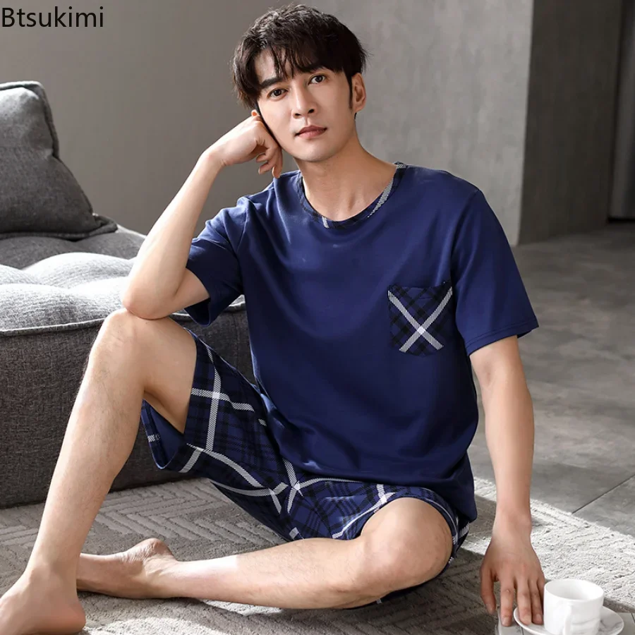 2024 Men\'s Summer Casual Cotton Sleepwear Sets Short Sleeve Shirts and Shorts Men 2PCS Sleepwear Pyjamas Male Homsuit Loungewear