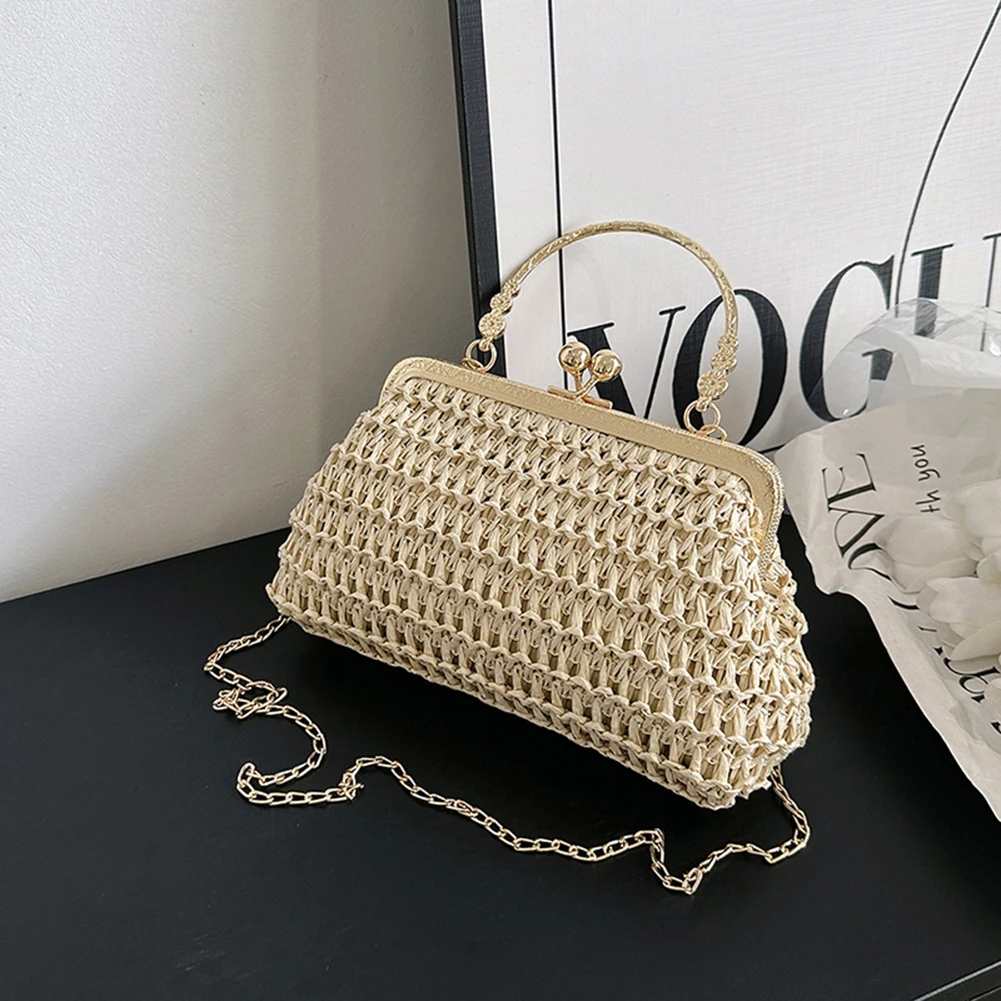 Dinner Party Chain Grass Woven Bag Summer Woven Tote Bag Simple Texture Handmade Casual Elegant Fashion Portable Evening Bag