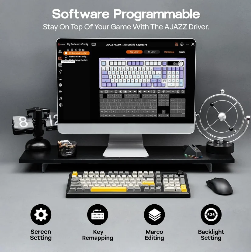 Teclado Mecánico Inalámbrico Personalizable AJAZZ AK980 V2 de Tres Modos con Intercambio en Caliente, para Esports y Gaming, con Letras Laterales, Cableado e Inalámbrico