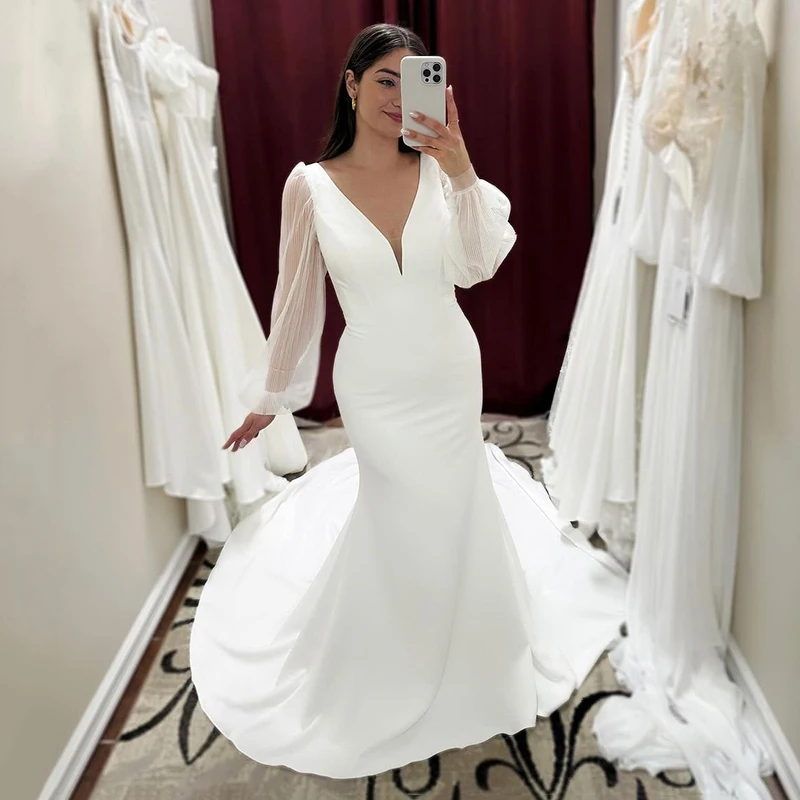 

Eightree Elegant Mermaid Wedding Dresses V-Neck Puff Sleeve Backless Satin Bridal Dress Boho Beach Wedding Prom Gown Custom Size