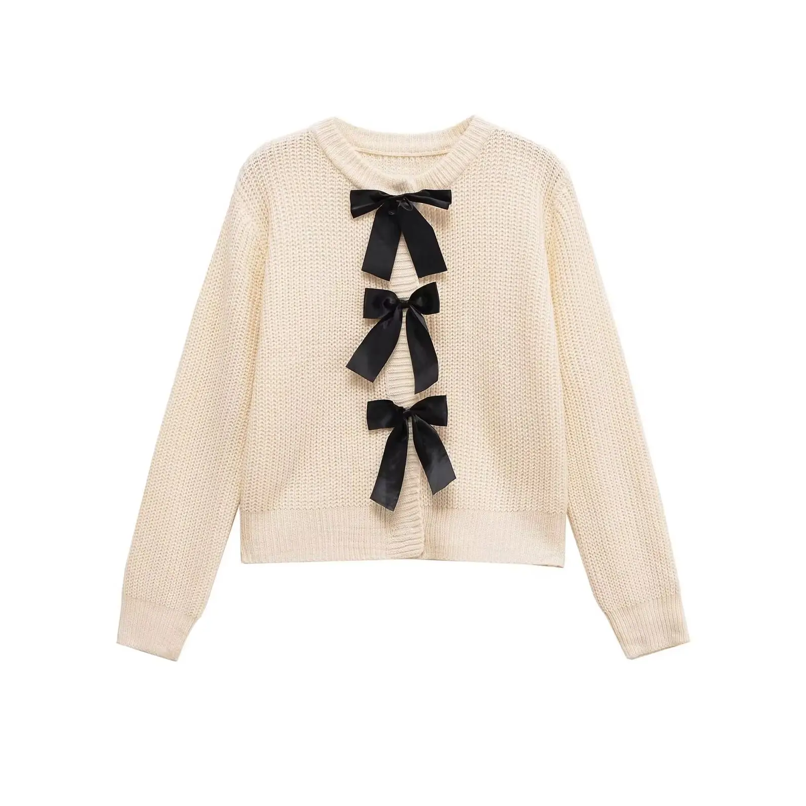 KONDALA Chic Beige Casual Knit Woman Long Sleeve Elegant Sweater Fashion 2025 Bow O-Neck Streetwear Mujer Fall Vintage Knitwear