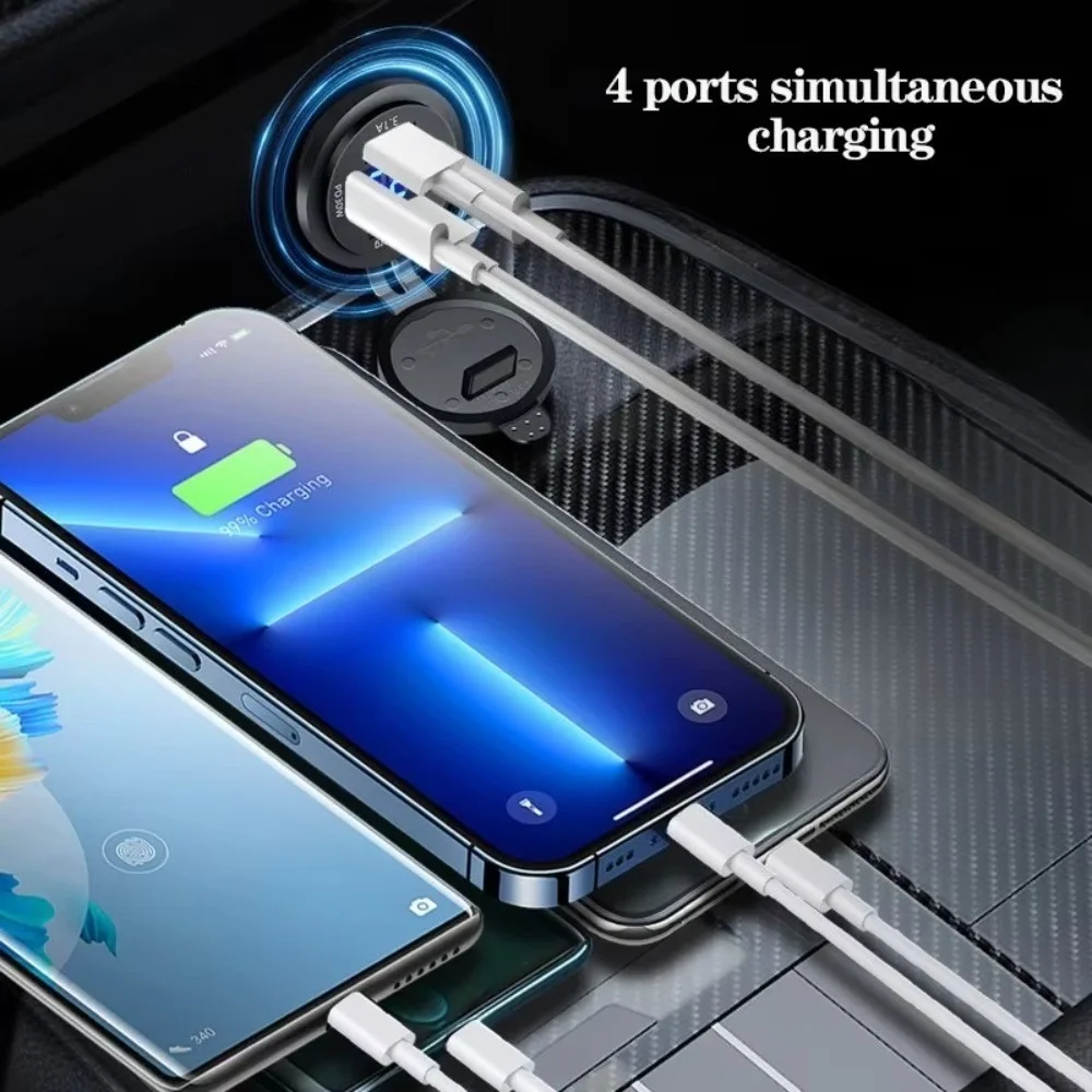 4 Ports Car Charger Socket Dual PD30W Type-C +QC3.0 USB 3.1A Waterproof Fast Charger with Voltmeter 12V 24V for Car Motorcycle