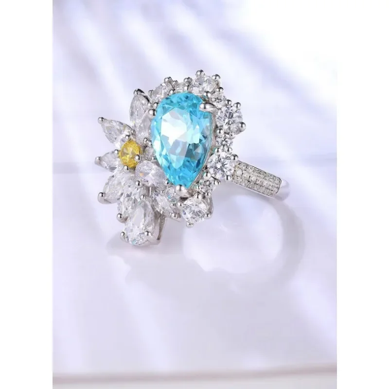 Ruihe New Custom 925 Silver Ring Setting 4.99ct Lab Grown Paraiba Sapphire Gems with Yellow Zirconia Women Weddingrings Jewelry