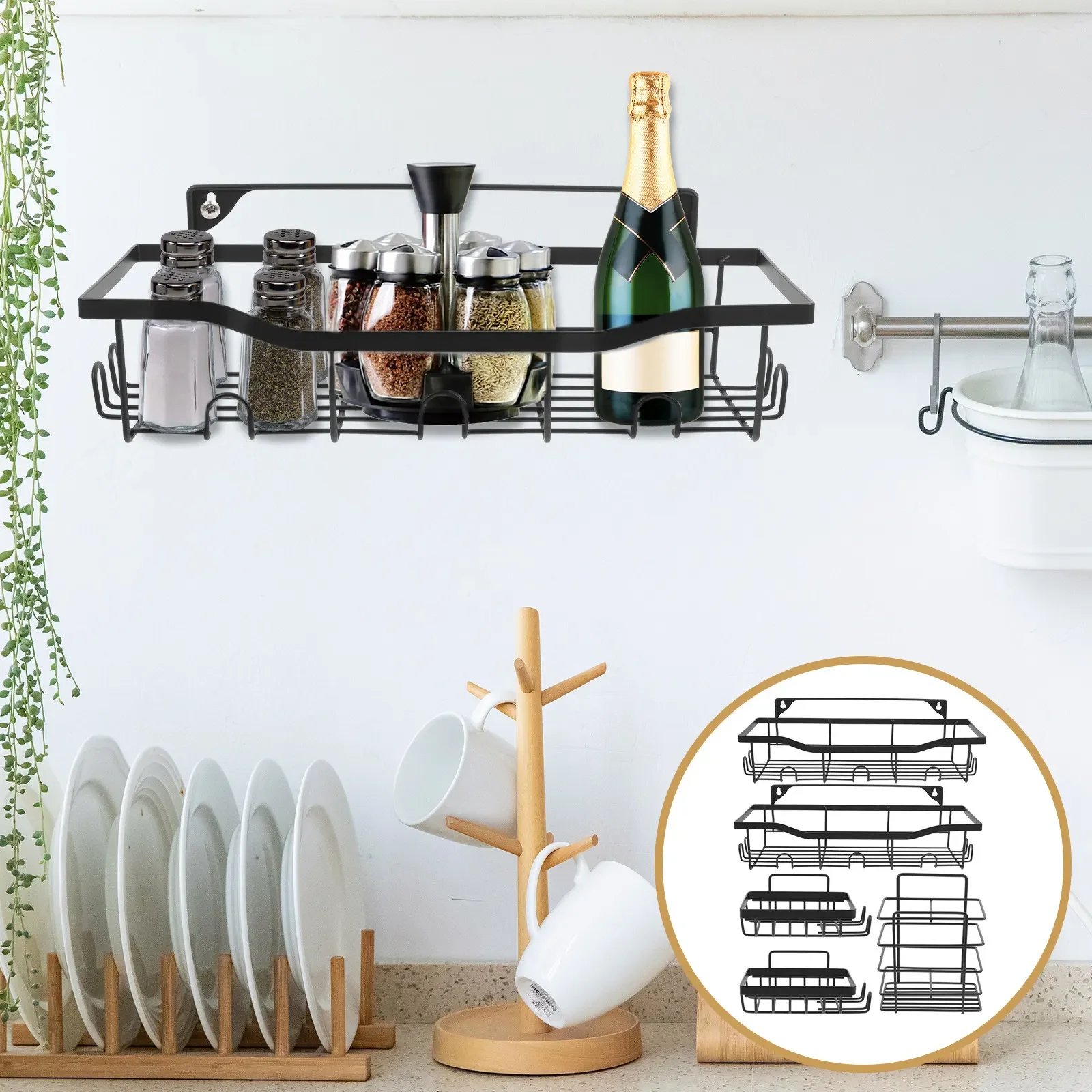 

5pcs Bathroom Storage Rack Set Wall-Mounted No-Drill Shower Organizer Nordic Style Floating Shelf For Home Wall Decor Holder