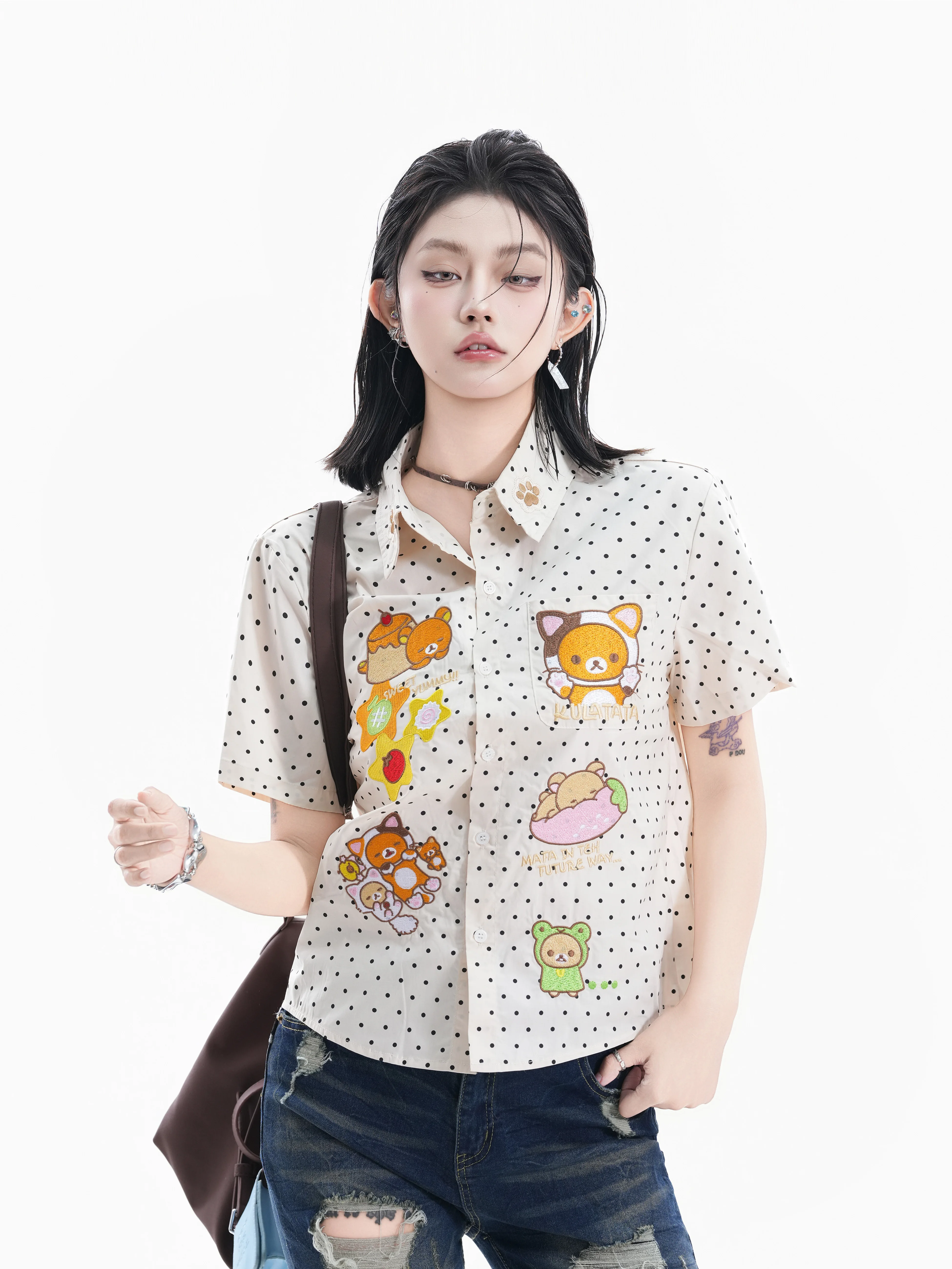 

Retro American Polka Dot Bear Embroidery Short Sleeve Loose Women's Shirt Anti-Aging Small Ball Cotton Casual Top