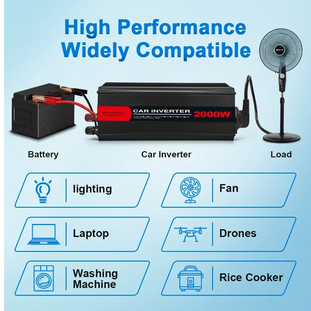 RDDSPON Car Inverter 2000W DC12V 24V to AC 220V 110V Portable Inverter 50/60Hz european regulation universa continuou power 800W