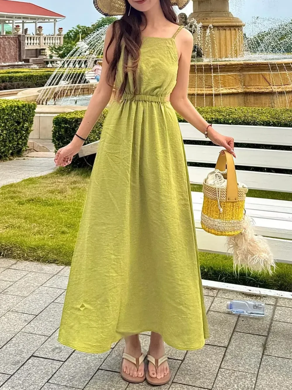

Women's dress 2025 summer new green sling holiday style hollow long skirt holiday party sexy fashion personality
