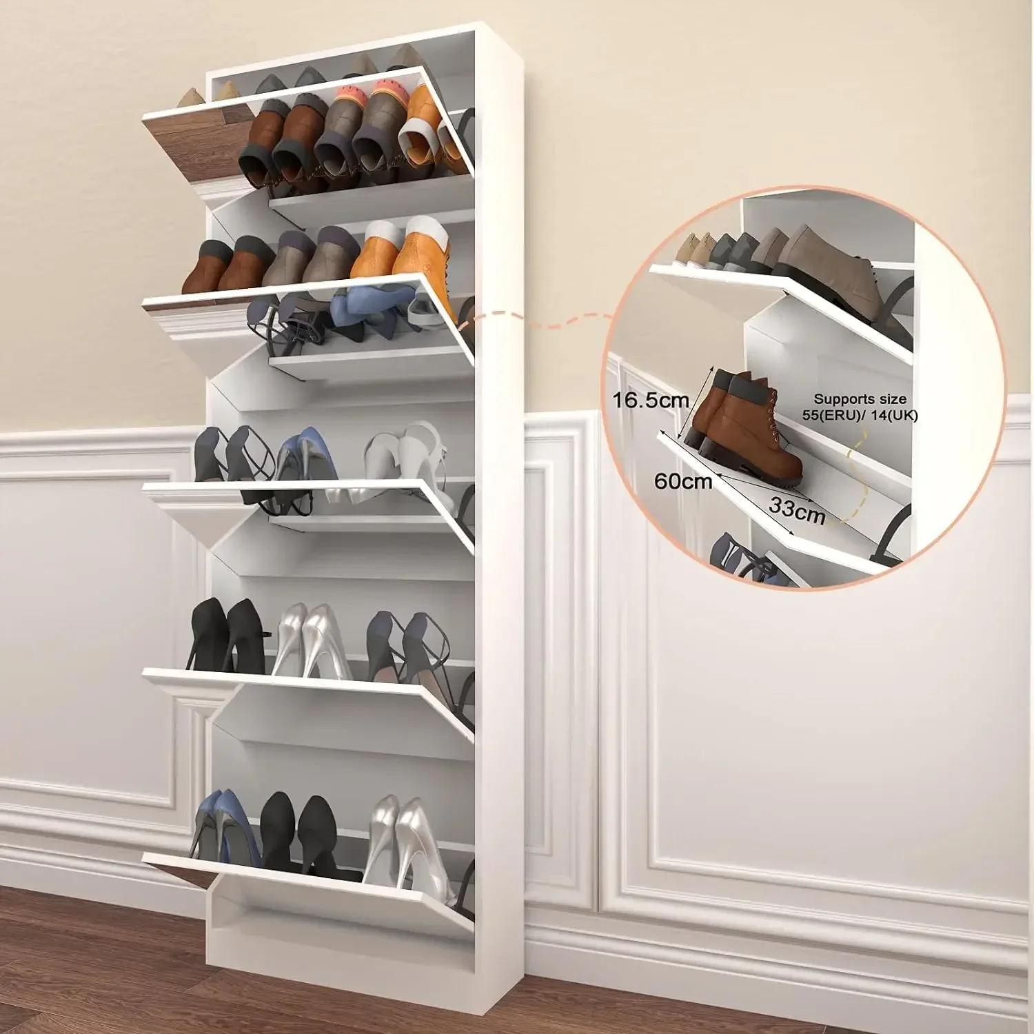 Shoe Cabinet with 5 Flip Drawers, Narrow Storage Cabinet for Entryway with Full Length Mirror Shoe Rack image 6
