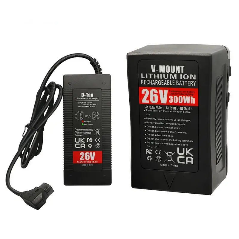 New 26V 300WH V-Mount Li-Ion Rechargeable Battery Pack with D-TAP Charger Compatible with Light Lithium Battery Type