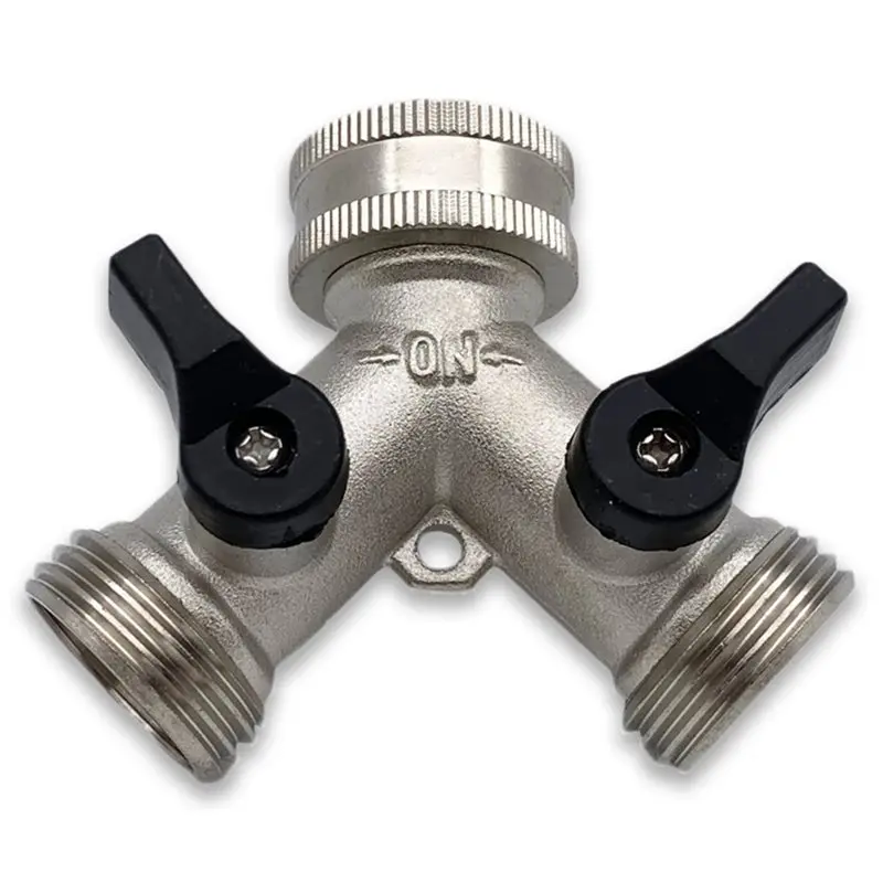 Dual-Shut Off Valve Garden Hose Splitter In Nickel-Plated Solid Brass, Leak-Proof Design-A45M