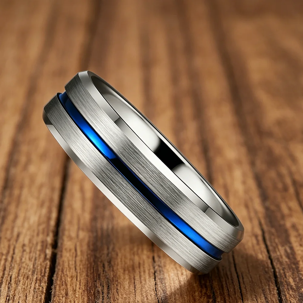 Blauer 4-mm-Ehering aus Wolfram für Männer und Frauen, modische Ringe mit abgeschrägten Kanten, gebürstete Oberfläche, bequeme Passform – Detail 6