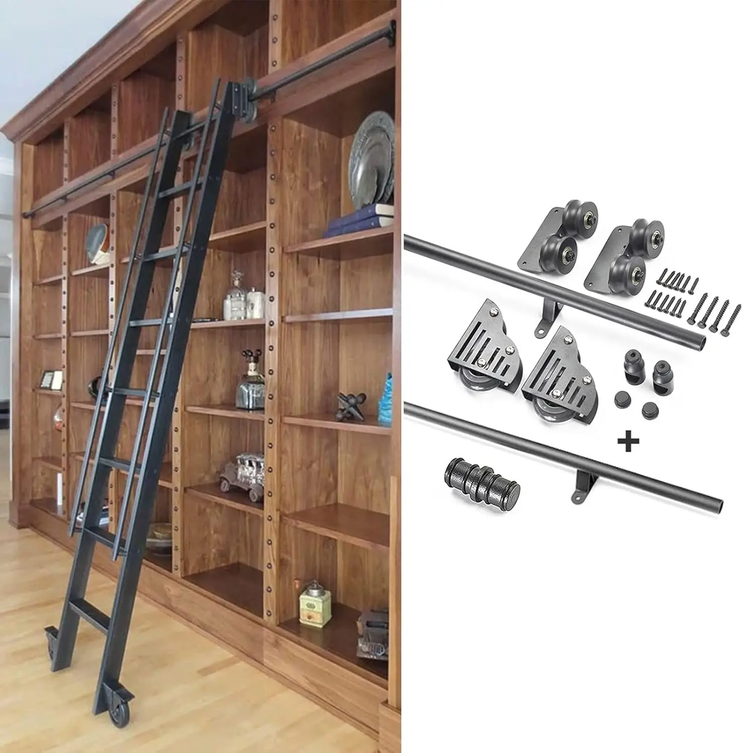 Asxcaq Sliding Barn Door Kit Sliding Ladder Hanging Rail Full Set Hardware + Extention Track(No Ladder), With Floor Roller