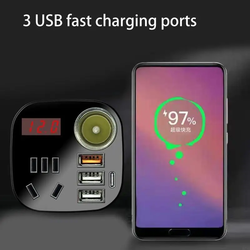 H7JF 150W Auto -stroomomvormer 12V tot 220V digitale spanningstransformator met 3 USB -auto Fast Socket Digital Display