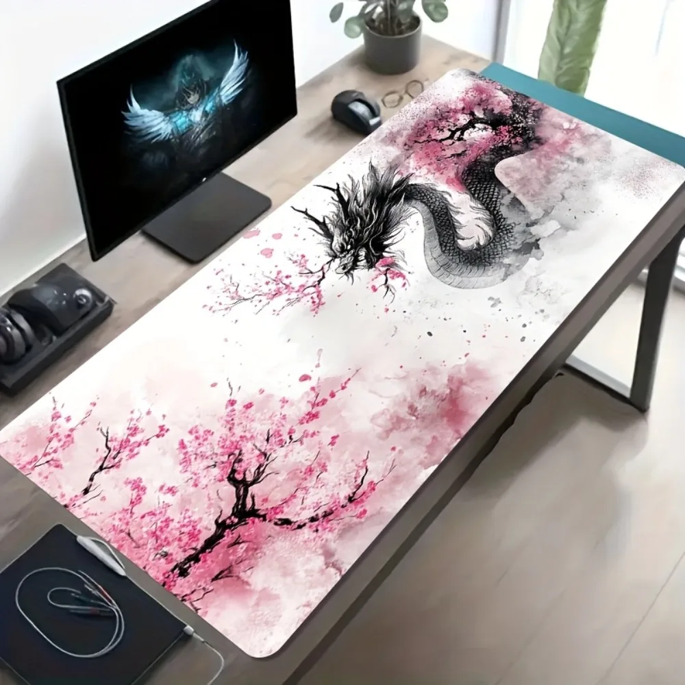 Large Ink Wash Dragon Cherry Blossom Mouse Pad, Extended Non-Slip Gaming Desk Mat, Waterproof Keyboard Pad