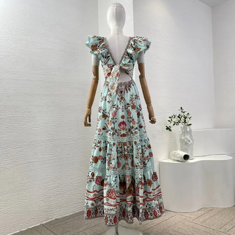 Women's Green Floral Print Wood Vintage High Quality 2025 New Fashion Ear Deep V Neck Maxi Dresses for Holiday