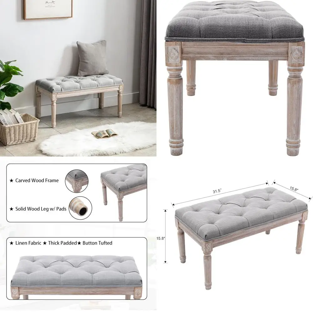 

Upholstered Rectangle Tufted Entryway Bench with Rubber Wood Legs for Two People, Carved Piano-Style Seating