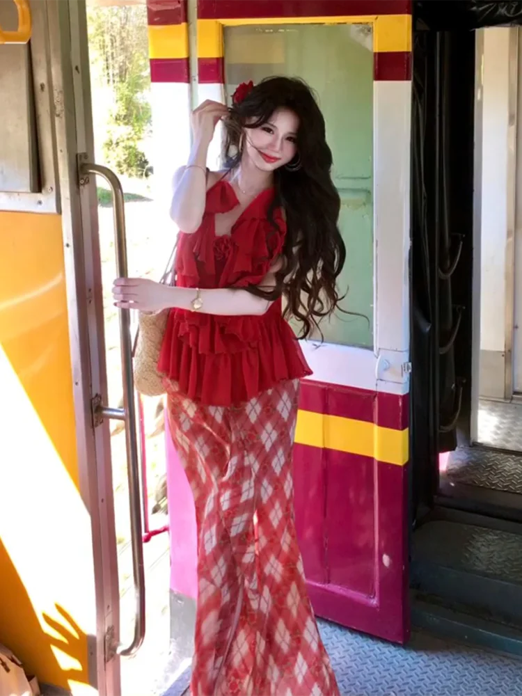 Spring Fashion High Waist Plaid Fish Tail  Skirt Women's Slimming Long Skirt Pure Desire Sexy Korean Style Commute