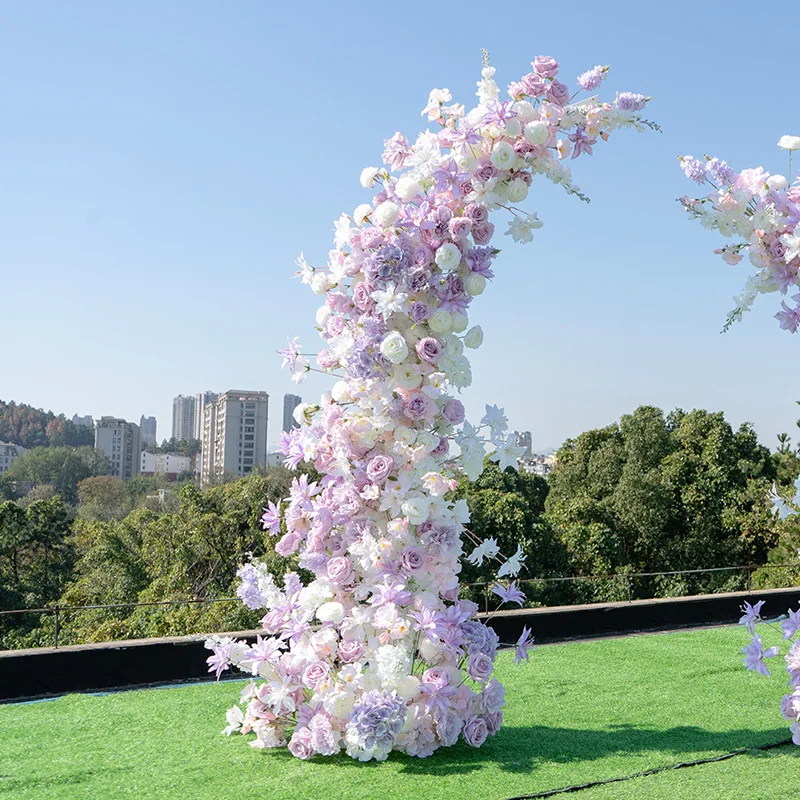 Wedding decoration purple horn arch decoration floral arrangement, outdoor event ceremony wedding with shelf props fake flower