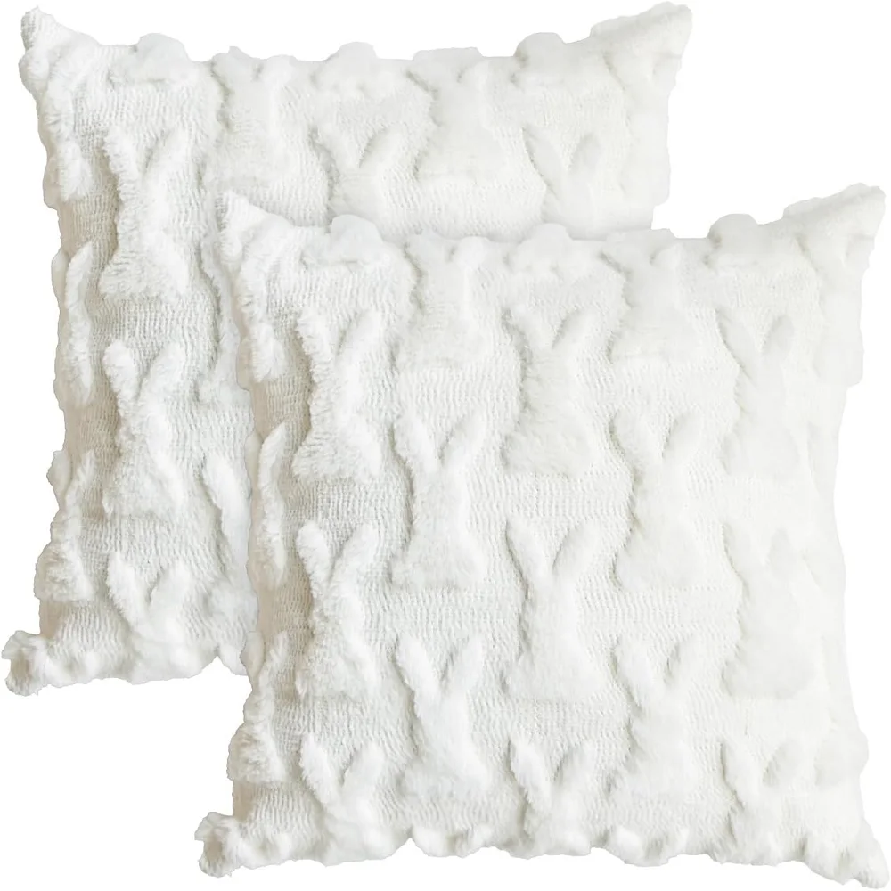 18x18cm Happy Easter Rabbit Pattern Throw Pillow Cover Wool Square Cushion Cover Soft Plush Sofa Pillowcase Home Room Decoration