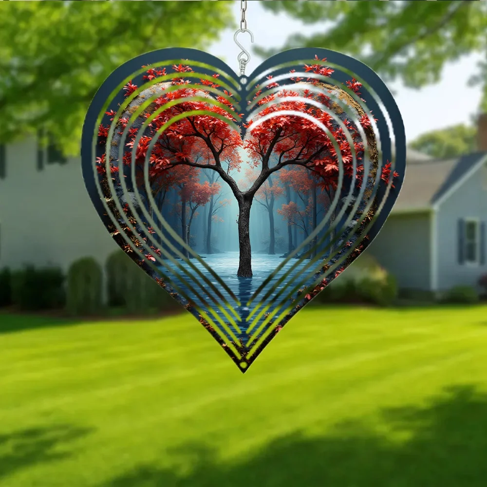 2D Flat - Two-Dimensional Flat Metal Wind Chime, a Single Piece of Hanging Decoration Featuring a Serene Red Tree Reflection
