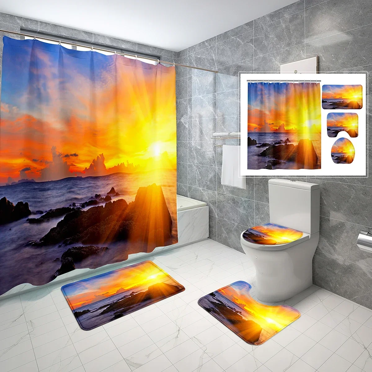 4 Pcs Sunrise Shower Curtain Sets with Toilet Lid Cover and Bath Mat Sun Mountains Orange Scenic Waterproof Bathroom Decor Sets