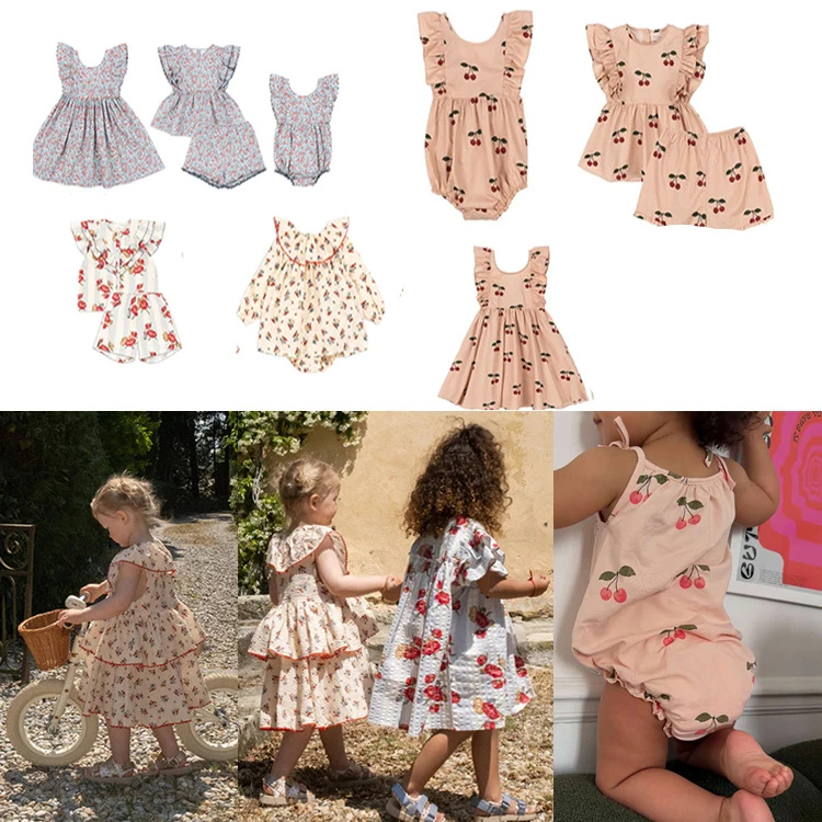KS Children Girls Summer Tops Shorts Slip Dress Rompers Suit Floral Fly Sleeved Cotton Cherry Strawberry Princess Pastoral Style