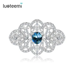 LUOTEEMI Luxury Big Flower Fashion Cubic Zircon Brooch for Women Elegant Leaf Shape Wedding Bridal High Quality Brooches Pins