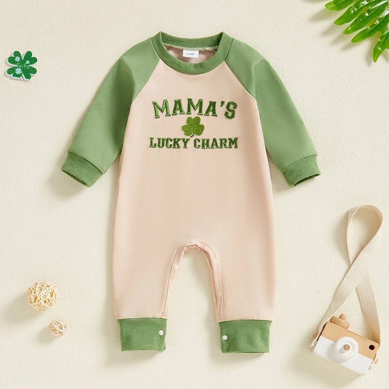 2024-09-26 Lioraitiin Baby Boys Girls Irish Sweatshirt Jumpsuits Letter Clover Embroidered Ribbed Raglan Long Sleeve Rompers