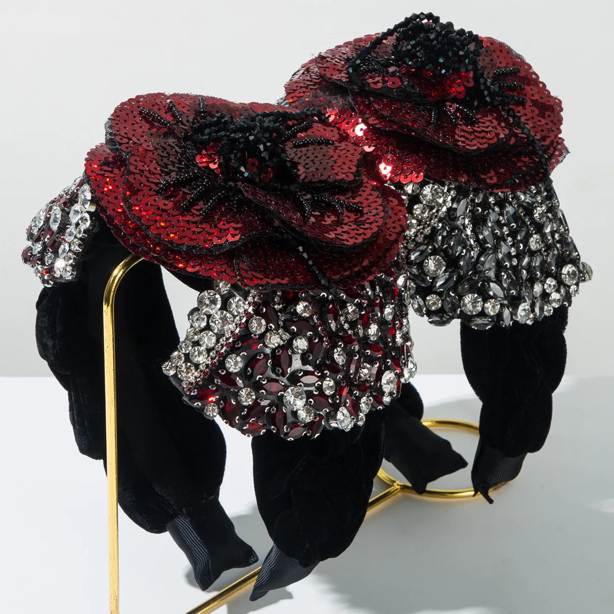 

European and American Velvet Woven Exaggerated Full Diamond Bow Sequin Rose Flower Headband Luxury Gorgeous Prom Hair Accessory