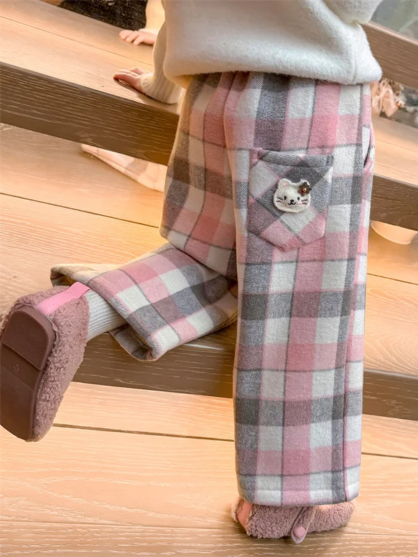 

Брюки прямого кроя в клетку для девочек на флисовой подкладке, зимние теплые свободные брюки с принтом, широкие брюки, детские модные универсальные брюки