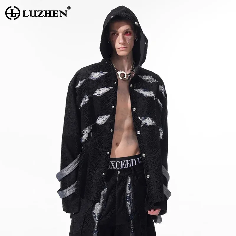 

LUZHEN 2025 New Trendy High Quality Broken Hole Patchwork Design Hooded Coat Men Stylish Original Loose Casual Sweatshirt JY1152