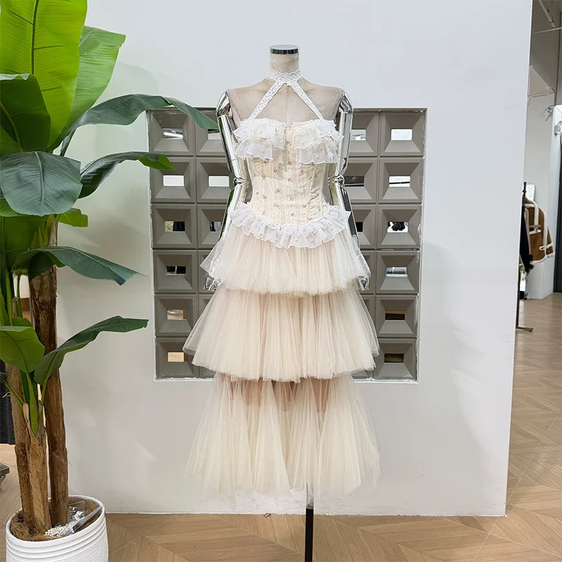 

Ele Lace Trim ter Ne Patchwork Strapl Full Skirt Cake Sle High Waist Spring Faion Women's Two-Piece Set