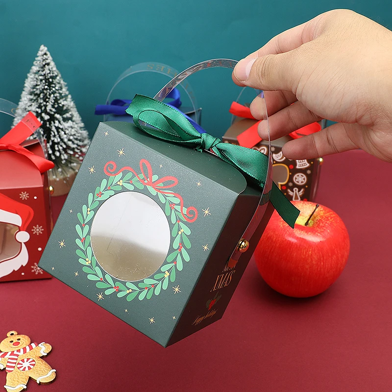 

4pcs Christmas Paper Box with Window Handle Candy Gift Packaging Box Bag For New Year Navidad Gifts Home Xmas Decoration 2024