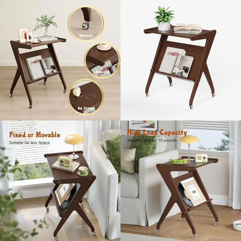 

Walnut Z-Shape Locking Wheel Side Table, Portable for Living Room, Bedroom, Compact Spaces
