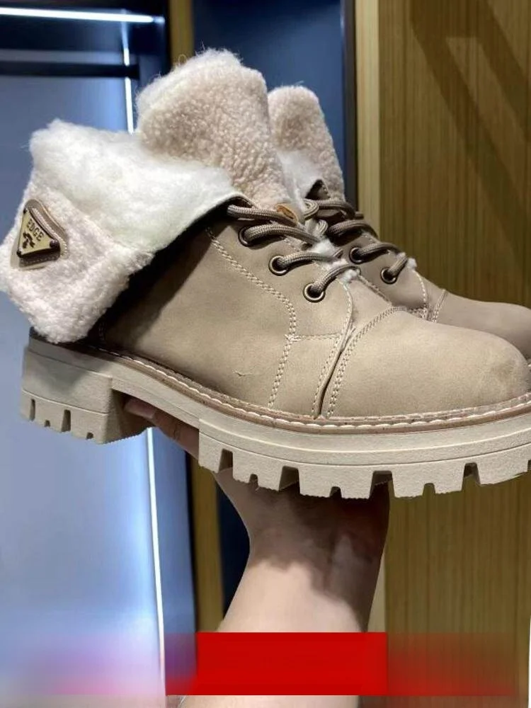 

Thickened Fleece Winter Boots Women's Outdoor British Style Fashionable Warm Thick Bottom Boots round Toe mid Heel